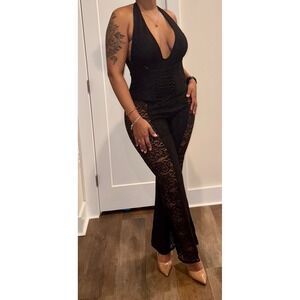 Sunfere Black Lace Corset Halter Jumpsuit Wide Leg Elegant Evening